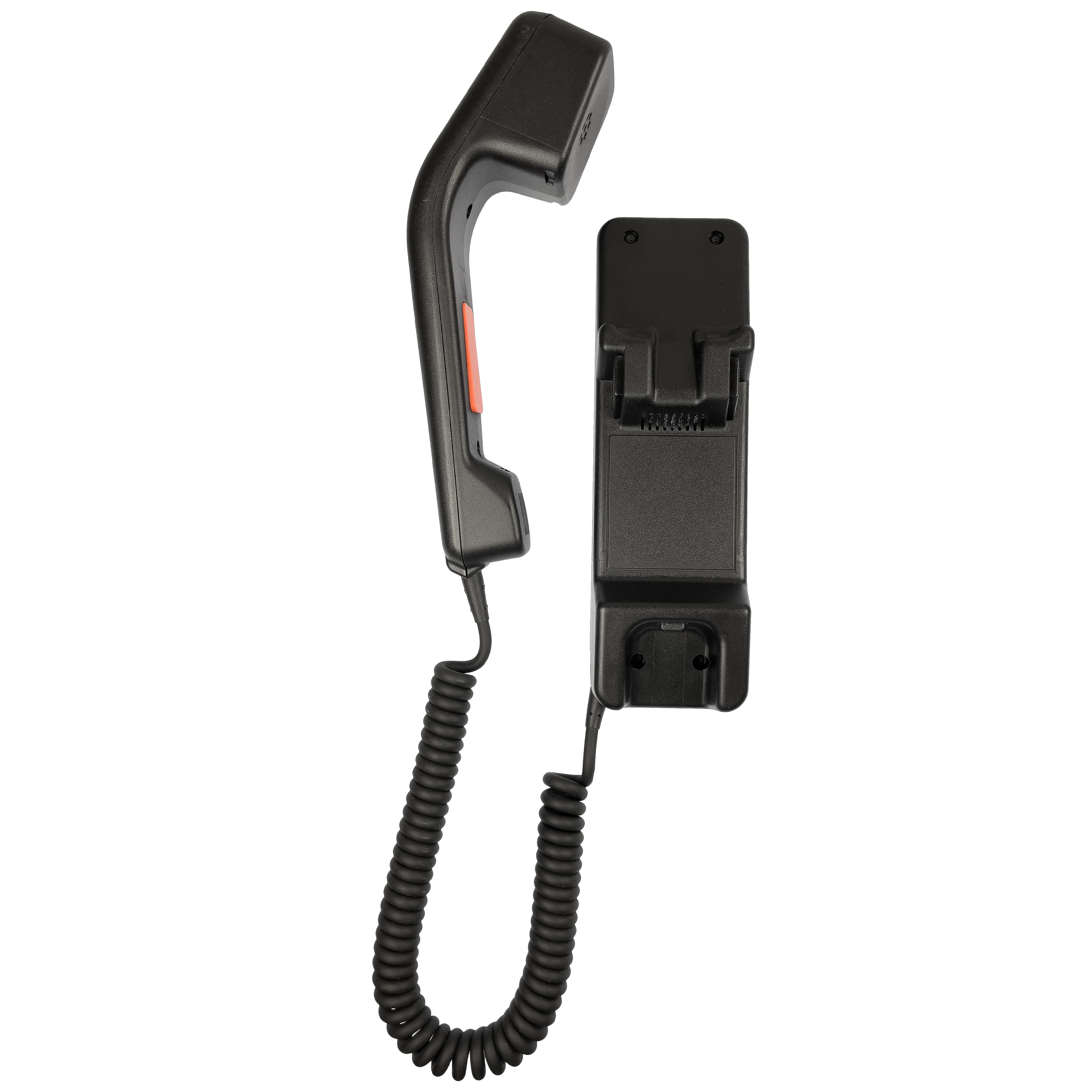 Gehäusetelefonhörer mit Spiralkabel und Wandhalterung.