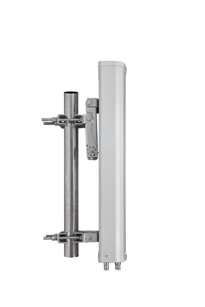 Vertical antenna with bracket mounted on a metal pole.