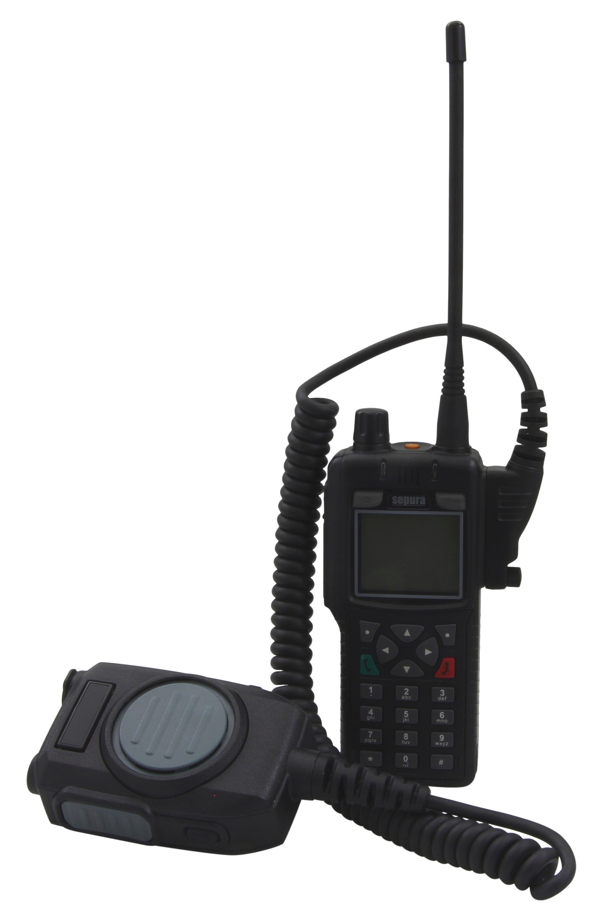 Black-grey portable radio with microphone and antenna.