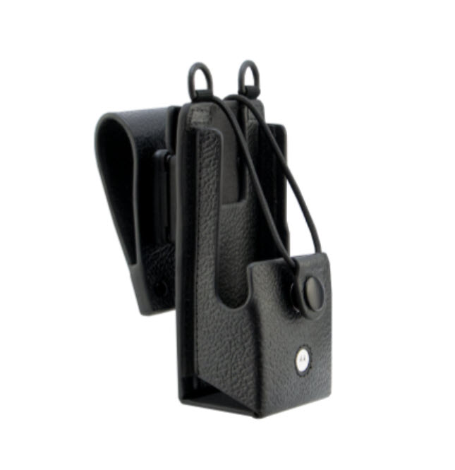 Schwarzes Etui aus Leder mit Gürtelclip und Knopfverschluss.