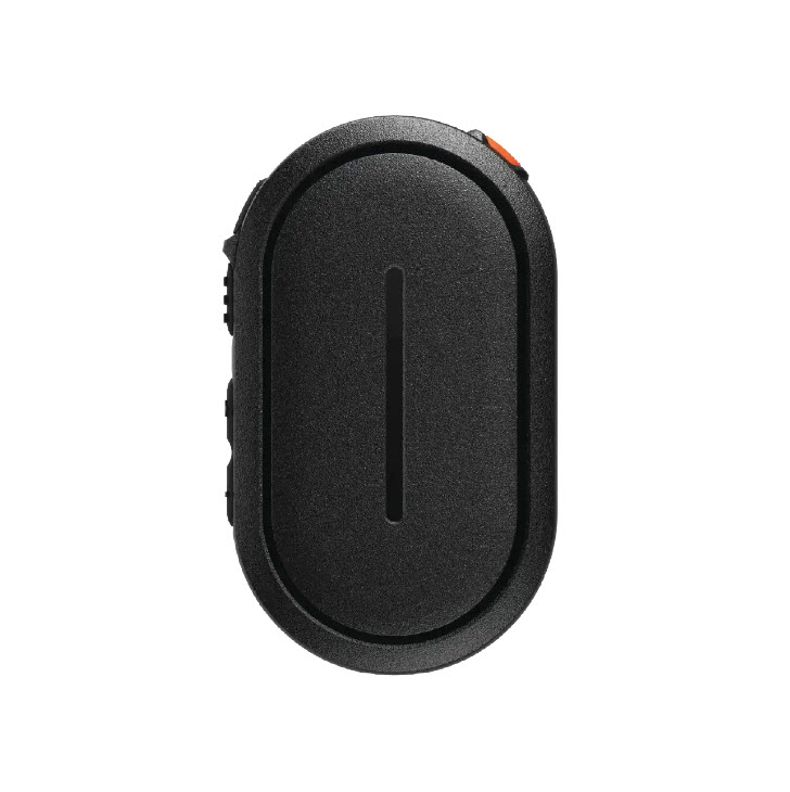 Black oval electronic device with side orange button.