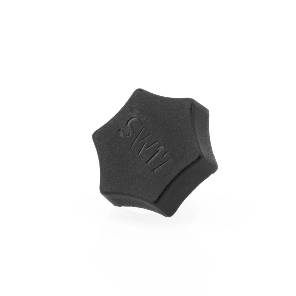 Schwarzer Kunststoffgriff mit SW17 Gravur, sternförmig.