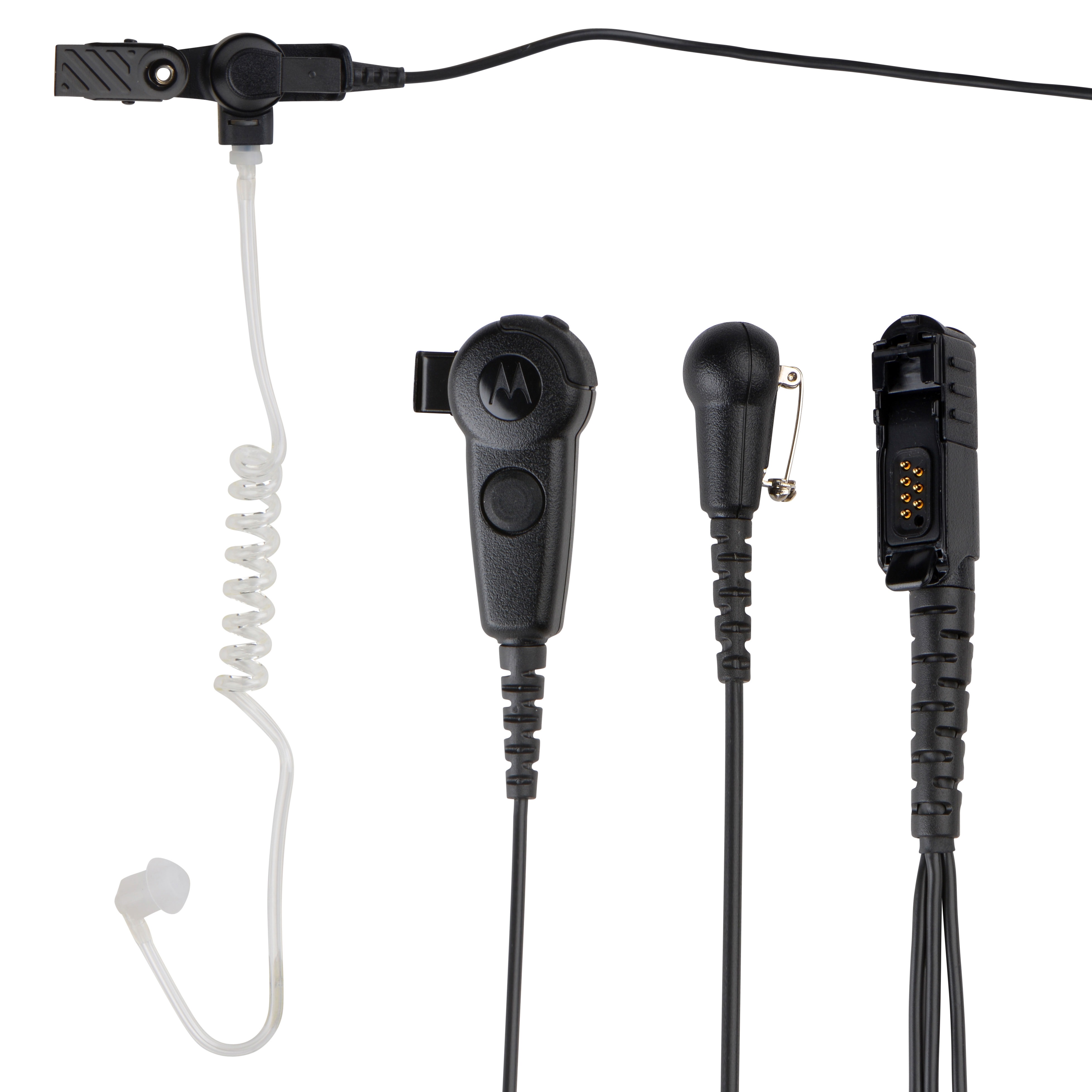 Schwarzes Funkheadset mit Ohrstöpsel und Anschlüssen.