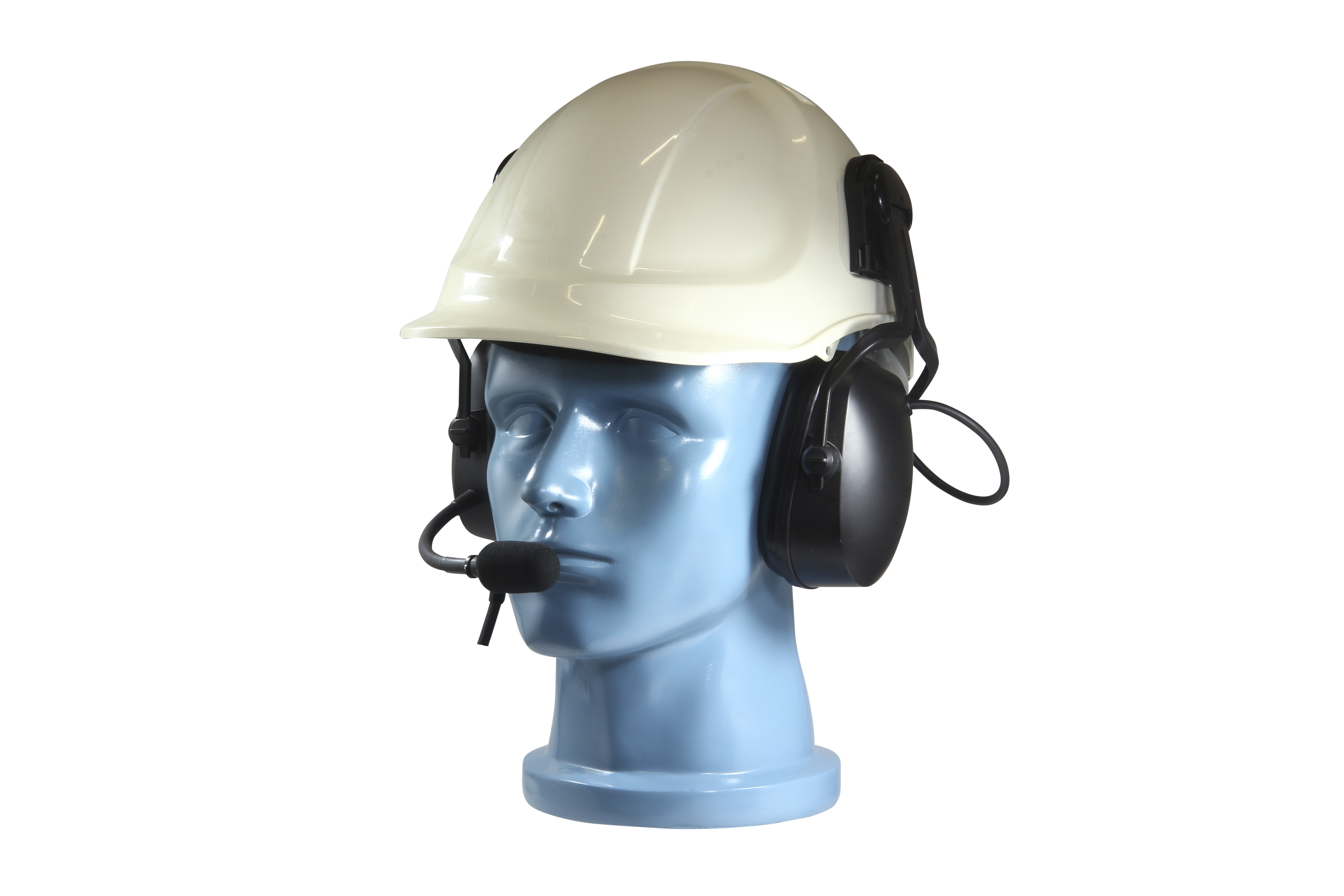 Mannequin head with hard hat, headphones, and microphone.
