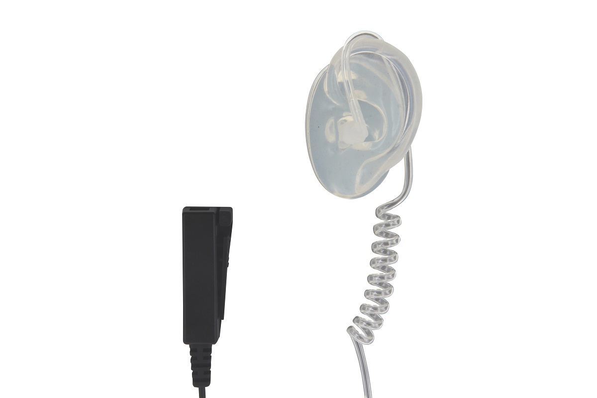 Ohrhörer mit Spiralkabel und schwarzem Clip.