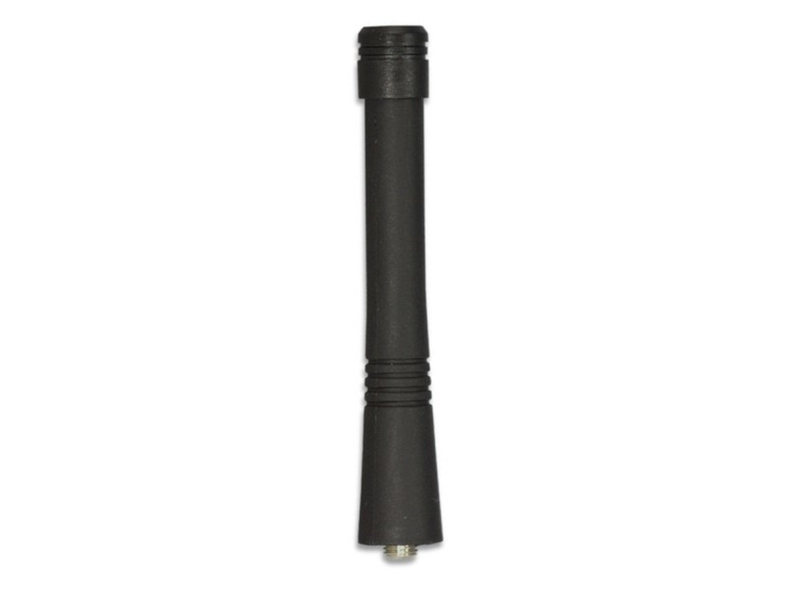 Schwarze Gummiantenne mit geriffeltem Griffende, vertikal ausgerichtet.