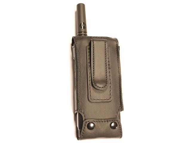 Radio in black leather case with metal clip in the center.