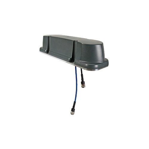 Schwarze Fahrzeugantenne mit zwei blauen Kabeln.
