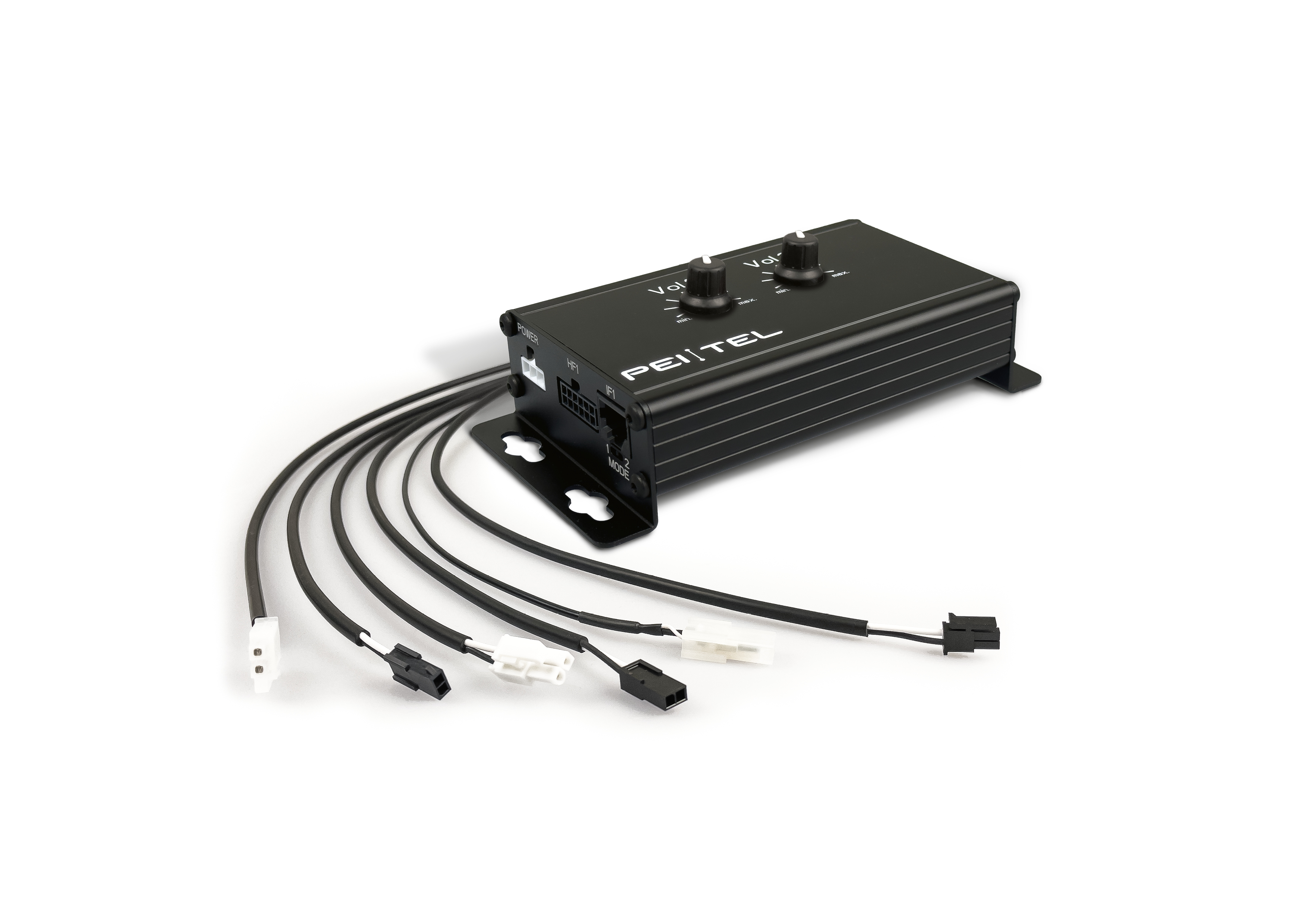 Schwarzer Audiokonverter mit mehreren Anschlüssen und Kabeln.