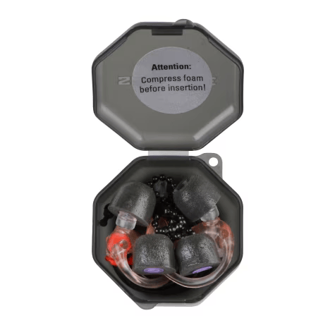 Earplugs in black case with warning: Compress foam before insertion.