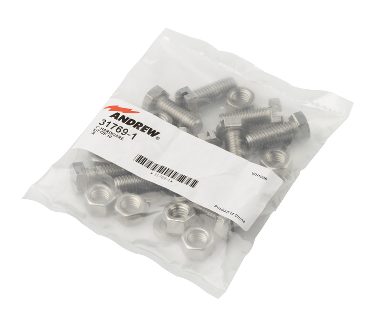 Tüte mit Schrauben und Muttern, Etikett von Andrew, Produkt aus China