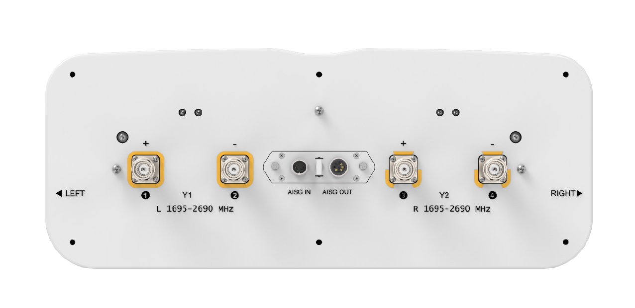 7000_00757699_COM_01.png Antenna connection panel with four coaxial connectors and AISG ports.