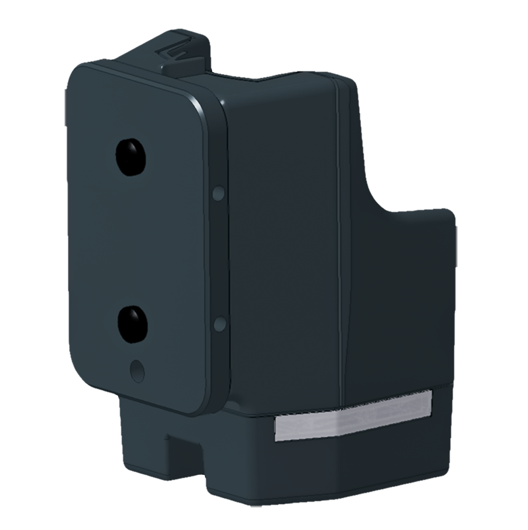 Black rectangular plastic part with rounded edges, two holes on the front side.