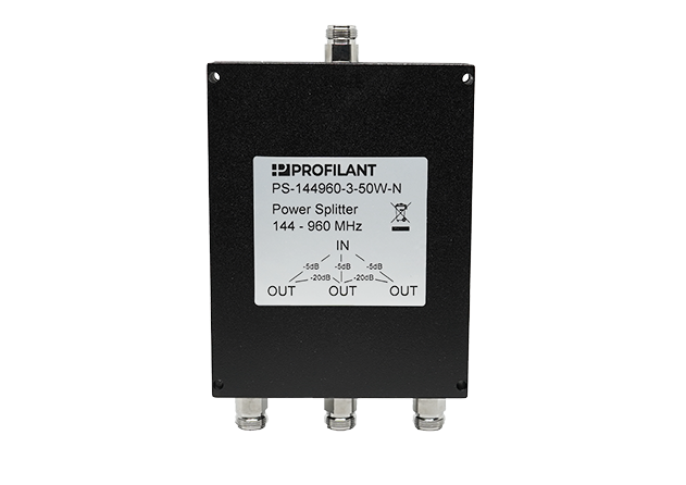 Schwarz-silberner Power-Splitter mit vier Anschlüssen, Bereich 144-960 MHz.