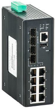 Black network switch with eight RJ45 ports and four SFP slots, green terminal block on top.