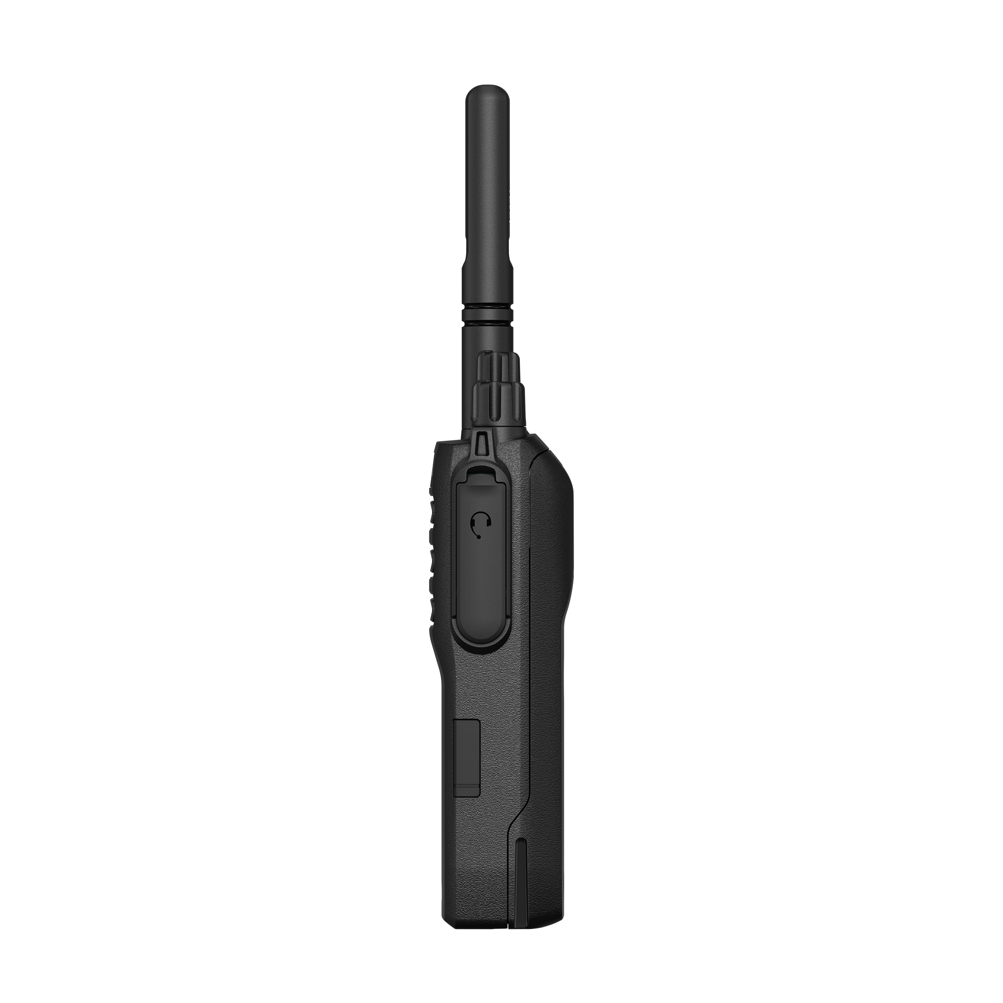 7000_00753748_MOT_07.png Black walkie-talkie with antenna, side view.
