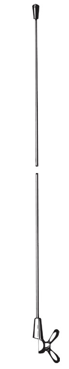 Long, thin metal rod with end cap and handle at ends.
