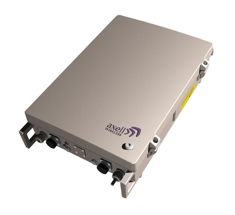 A rectangular metal device with connectors and Axell Wireless logo.