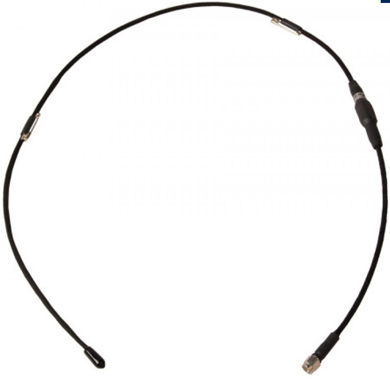 Black coaxial cable in circular shape, with connectors at both ends.