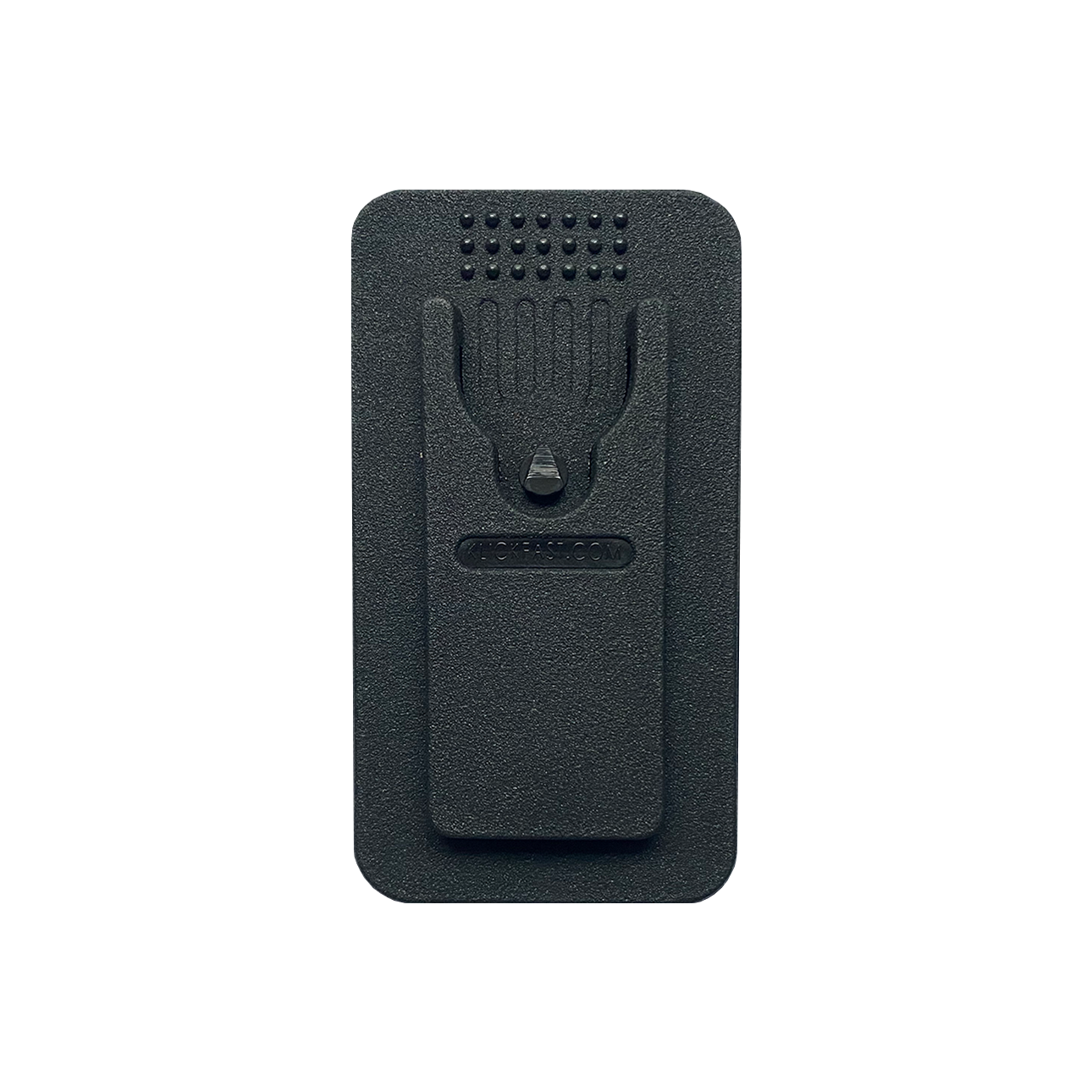 Schwarzer Gürtelclip aus Kunststoff mit geriffelter Oberfläche.