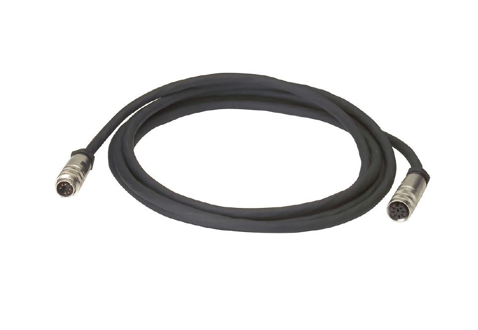 Schwarzes Kabel mit zwei runden Steckverbindern an den Enden.