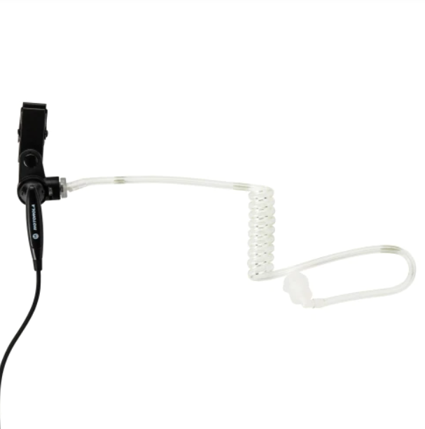 7000-00752101_mot_02.png Schwarzes Funkgerät-Headset mit durchsichtigen Spiralkabel und Ohrhörer.