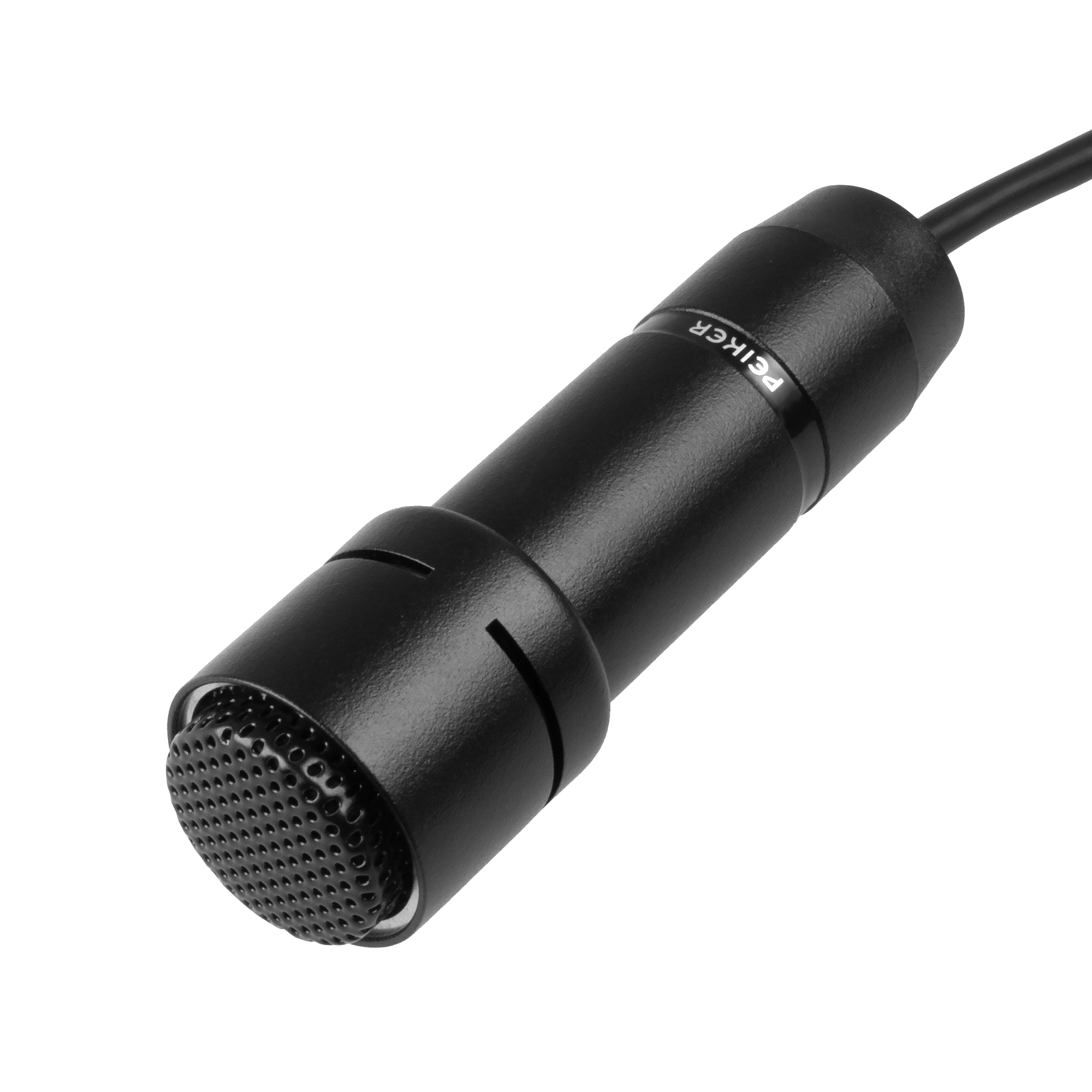 Black microphone with cable, close-up of the front side.