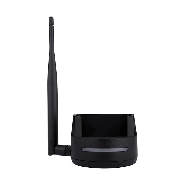 Black antenna with base, suitable for wireless networks.