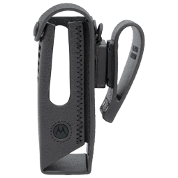 Black leather case with belt loop for portable radio.