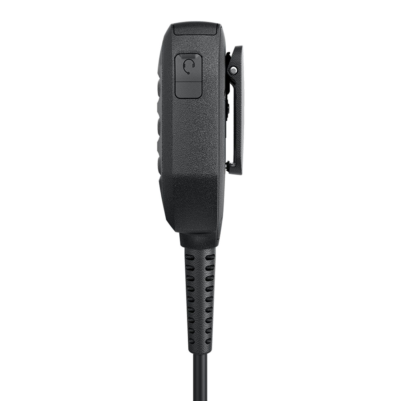 Seitliche Ansicht eines schwarzen Funkgeräts mit einem Kabel.