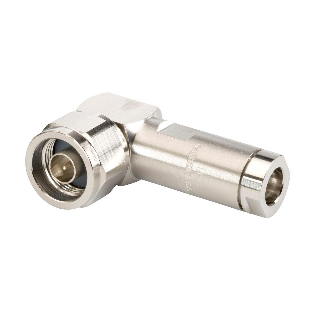 Metal angle connector with thread, suitable for coaxial cables.