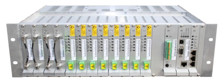 Rack-mounted network equipment with multiple modules and ports.