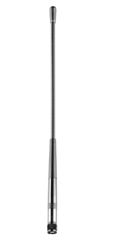 Silver metal antenna with a black tip on white background.