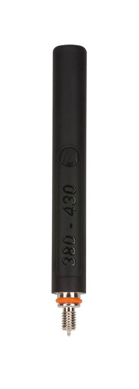 Schwarze Funkgerätantenne mit Schraubanschluss, Frequenzbereich 380-430 MHz.