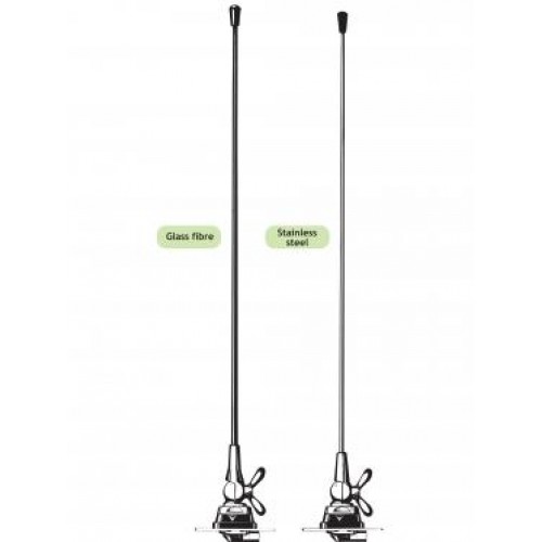 Zwei Antennen: links Glasfaser, rechts Edelstahl. Beide mit Magnetfüßen.