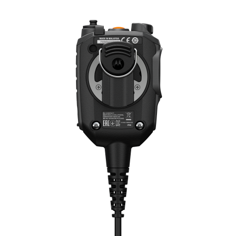 Rückansicht eines schwarzen Funksprechgeräts mit mehreren Tasten und Anschlusskabel.