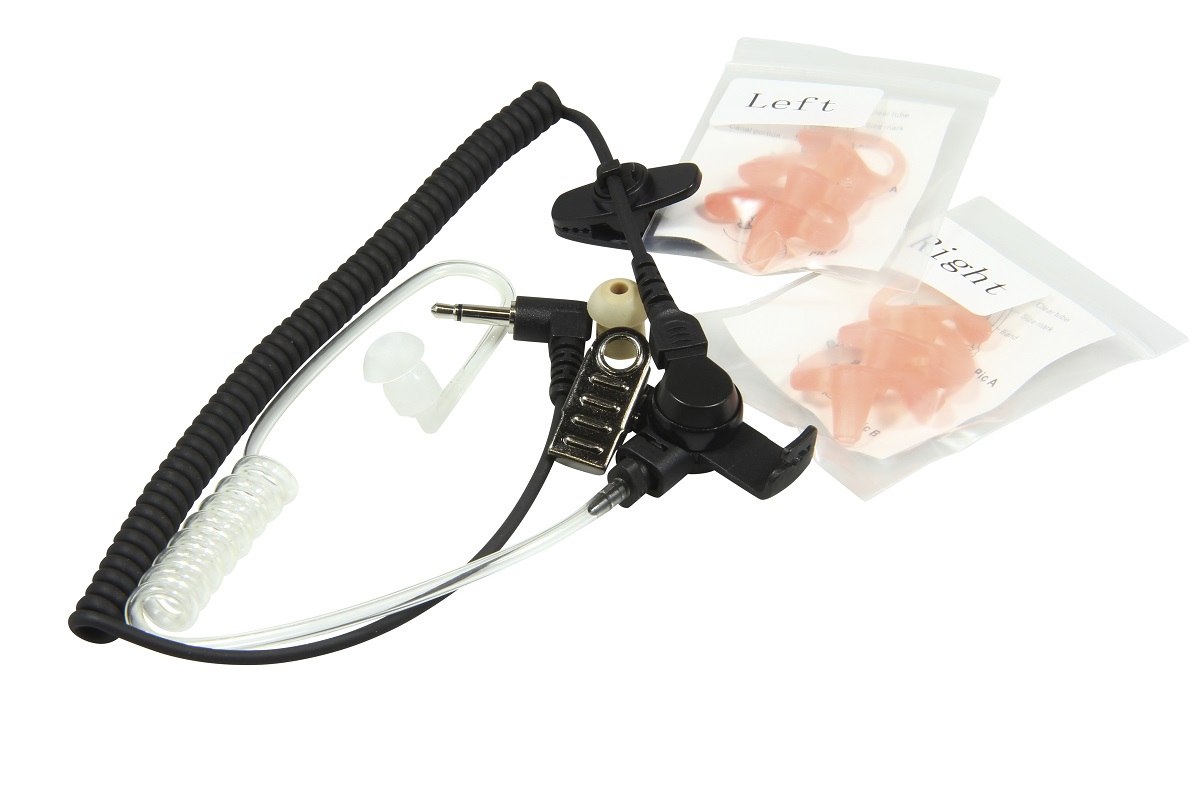Earpiece set with acoustic tube, earplugs, and clip-on cable.