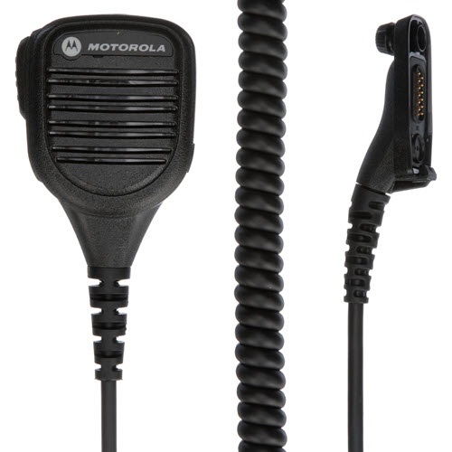 Black handheld microphone with coiled cable and connector.