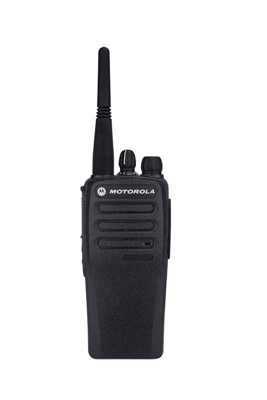 Handsprechfunkgerät mit Antenne und Knöpfen.