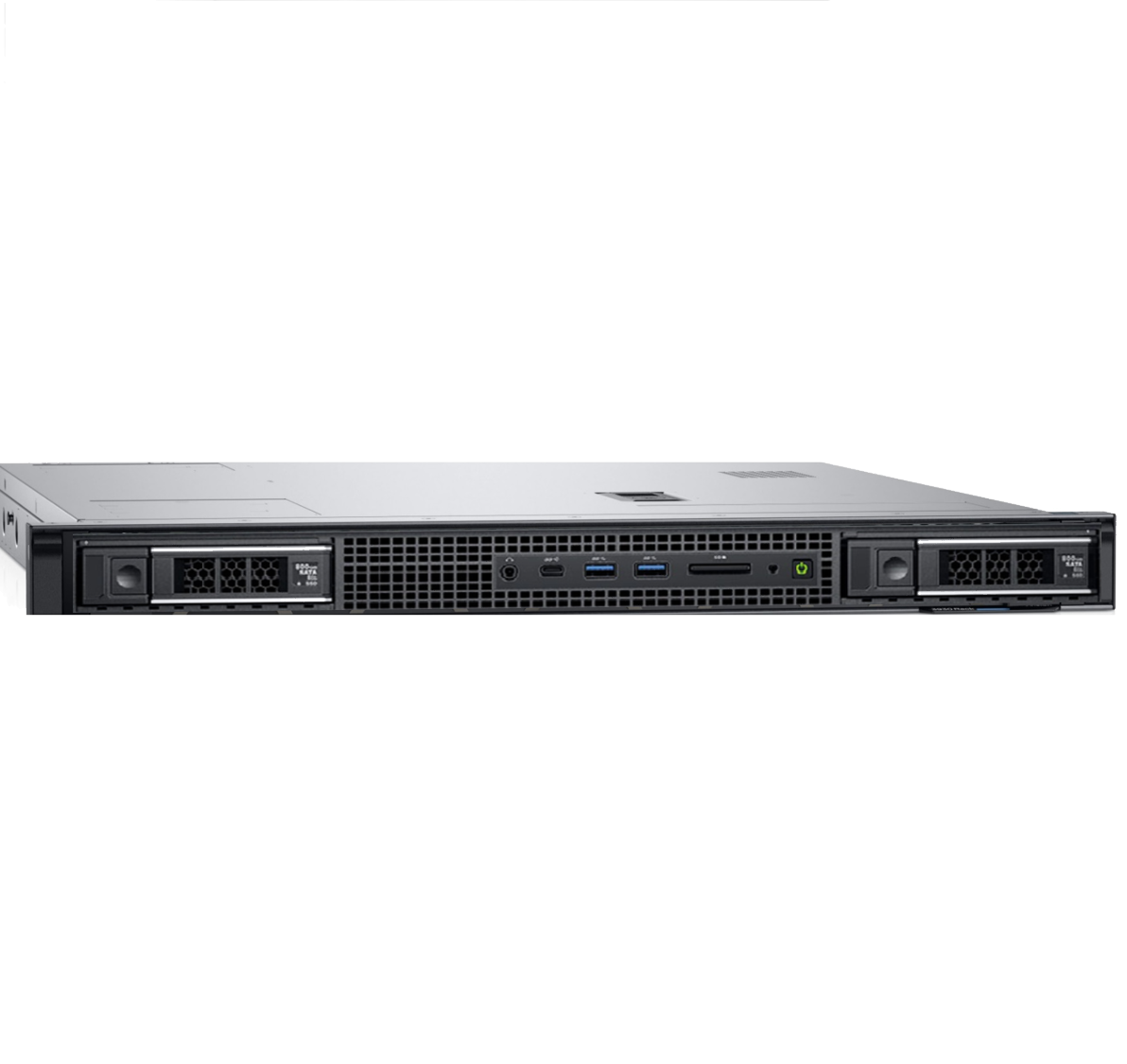 Front view of a black rack server with ports and fan vents.