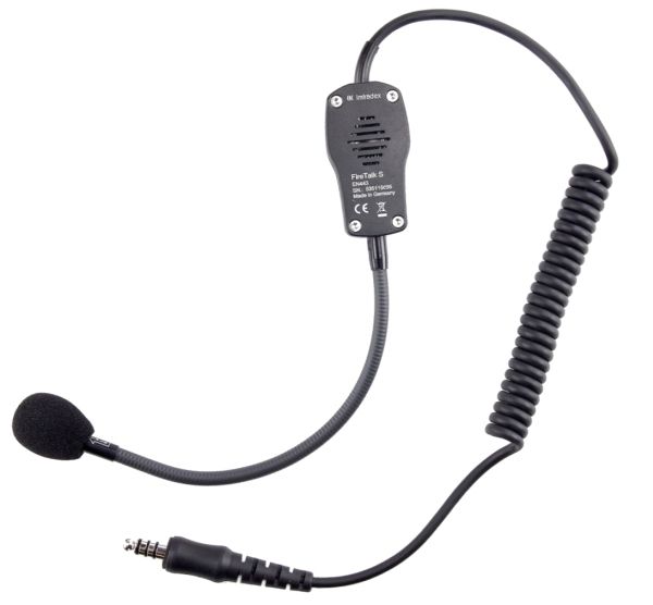 Black helicopter headset with microphone and coiled cable.
