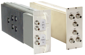 Two electronic devices with connector ports and heat sinks.