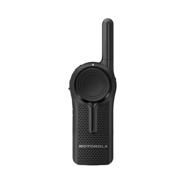 Black walkie-talkie with antenna, front view.