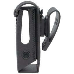 Schwarzes Lederetui mit Gürtelschlaufe, Seitenöffnung und genähtem Rand.