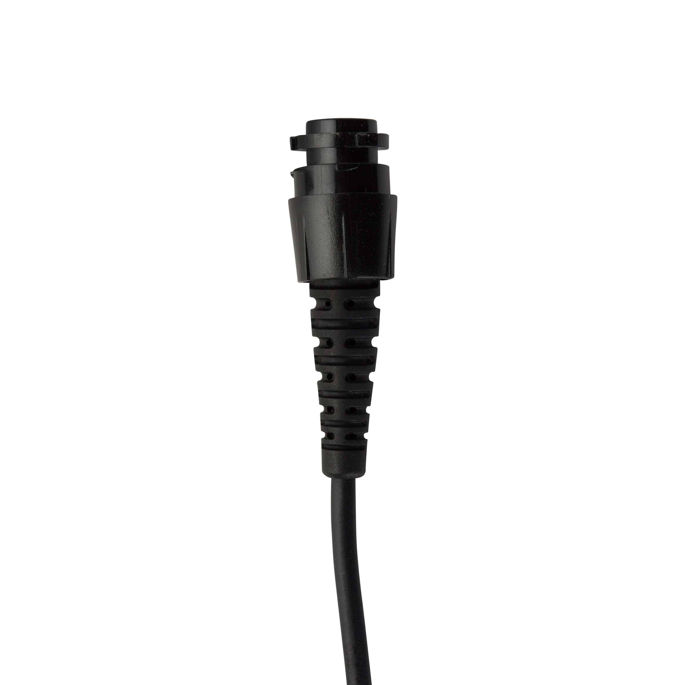 Schwarzes Kabel mit rundem Steckverbinder oben.