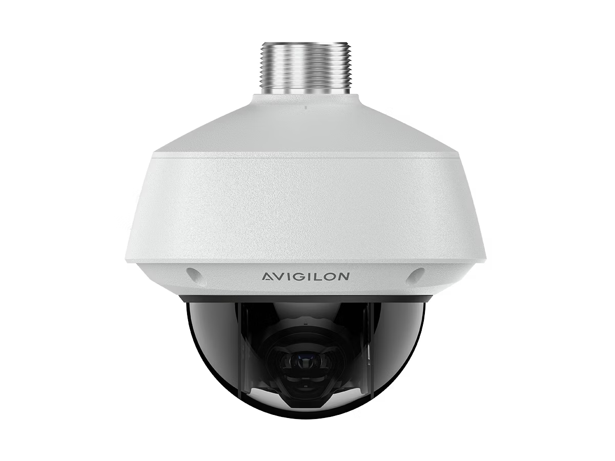 White dome surveillance camera with Avigilon logo.