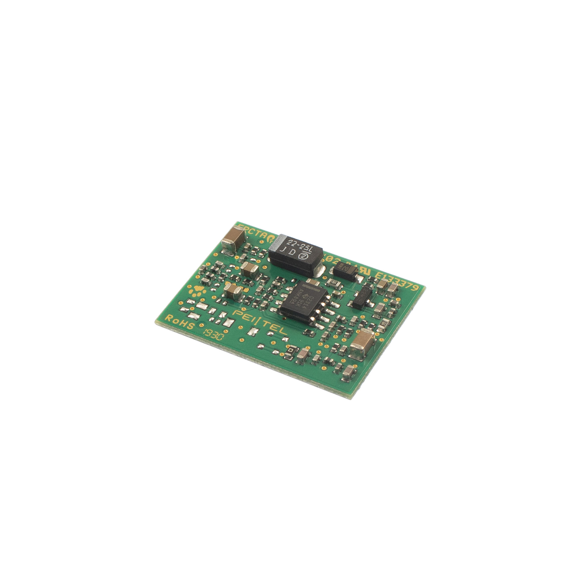 Green electronic circuit board with various chips and components.