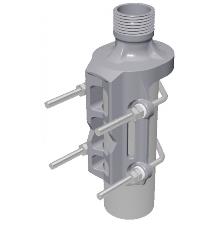 Gray elongated mechanical part with thread and four side bolts