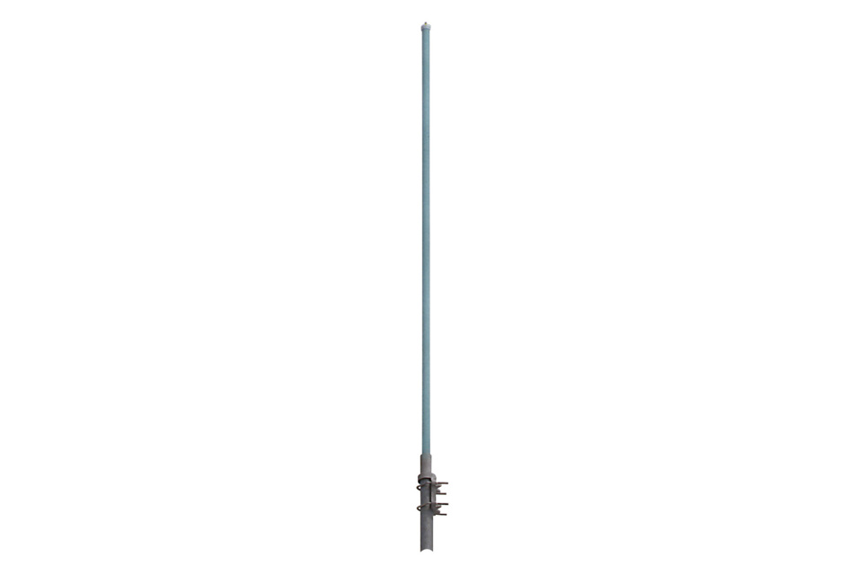 Blue radio antenna with grey mount.