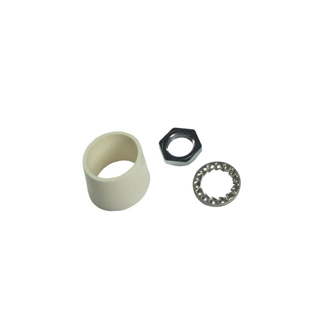 Plastic sleeve, hexagonal nut, and toothed metal ring.